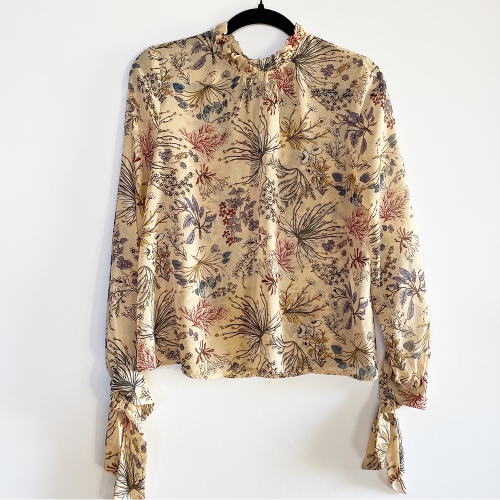 Wayf Floral Mock Neck Long Sleeve Blouse Wrist Ties Top Size Small